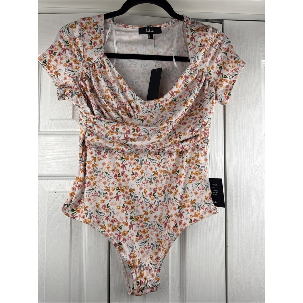 Lulus Sweetest Nature Ivory Floral Print Short Sleeve Bodysuit White - Large‎